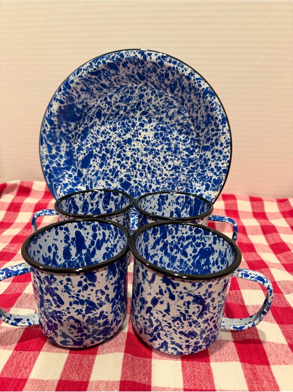 Cobalt Blue Granite Ware Enamelware 10” pie plate 4 mugs   VTG
